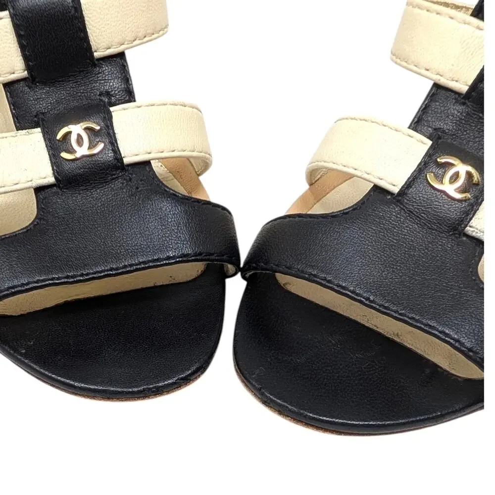 Chanel Gladiator Caged Block Heel Sandal Black Beige Cream Gold CC Logo 38.5 | 8
